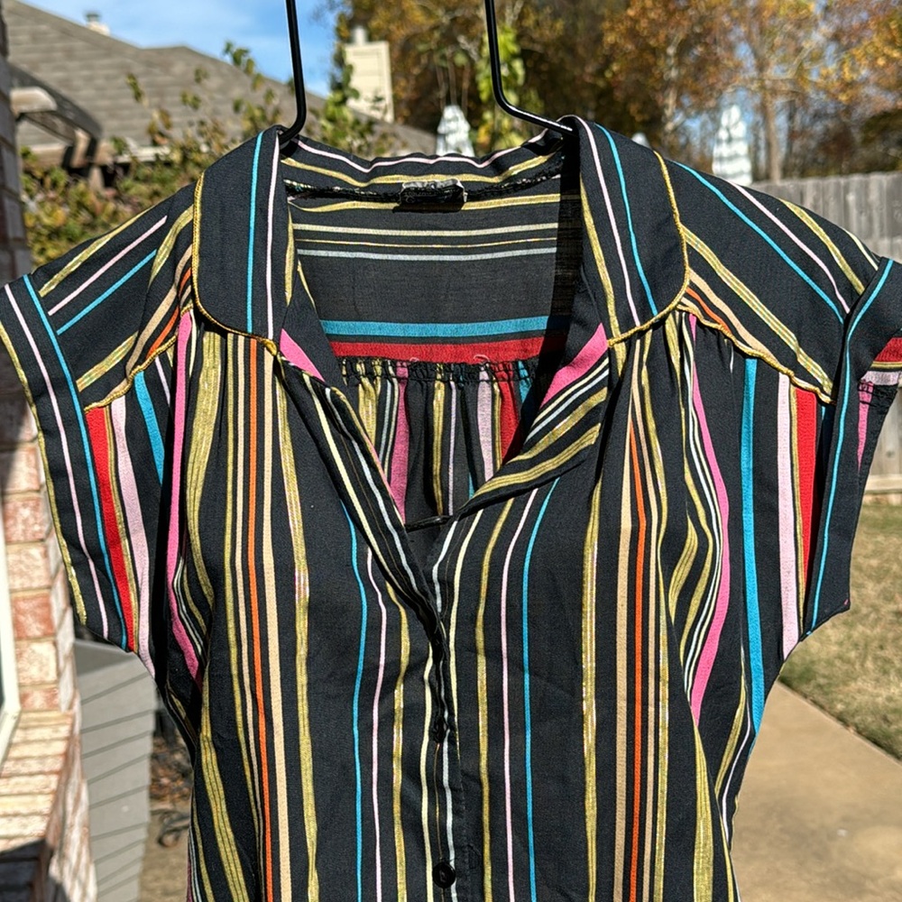 Vintage 1980s Metallic Stripe Blouse M Cotton